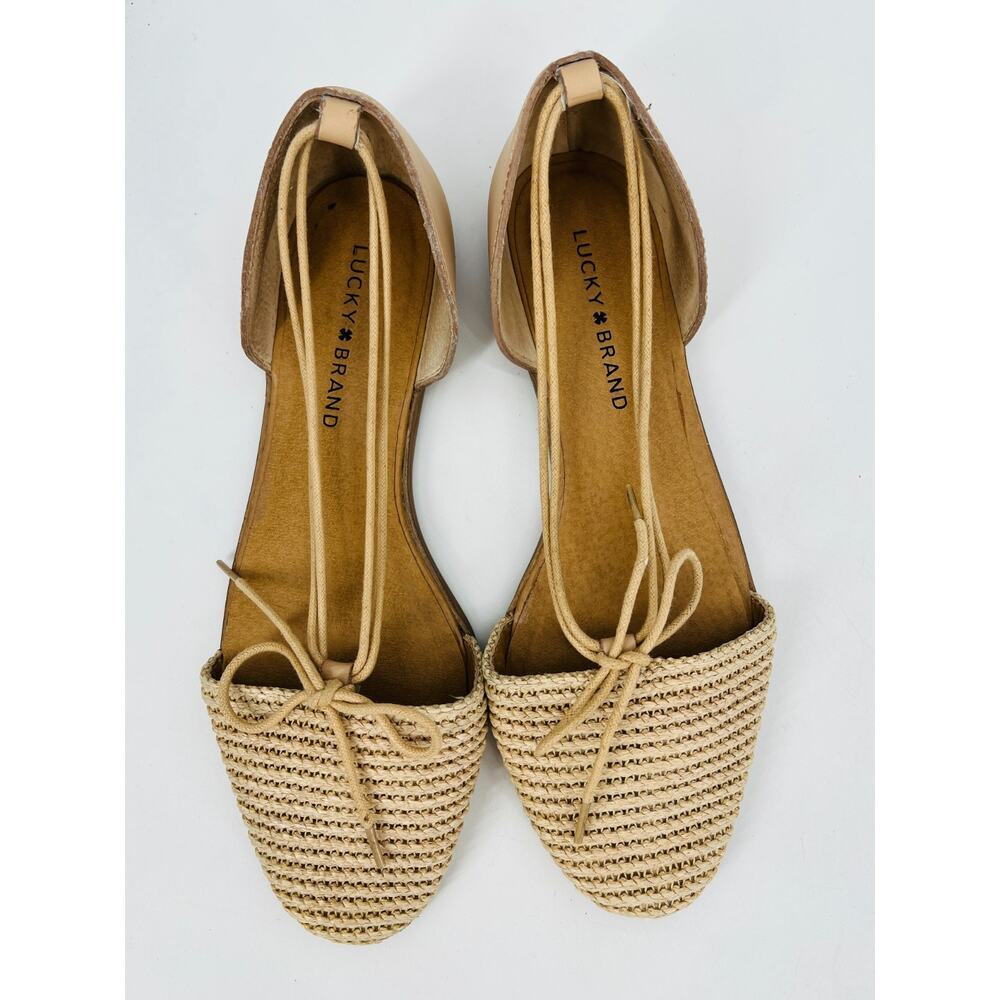 Lucky Brand Beige Straw Pointed-Toe Flats with Lace Tie